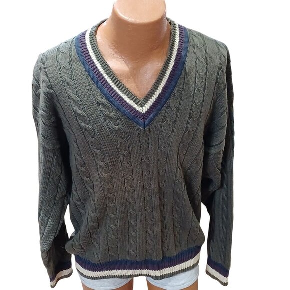 Vtg Woods & Gray Cable Knit V-Neck Sweater Olive Green Striped Trim Mens Size M - Picture 1 of 9